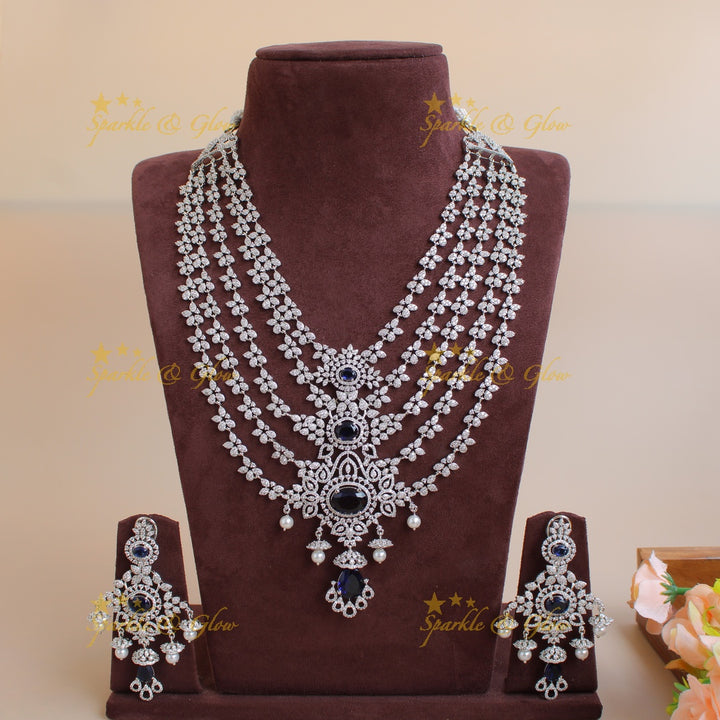 Stunning Floral design American diamond layer haram with jhumuka drops - Navy blue