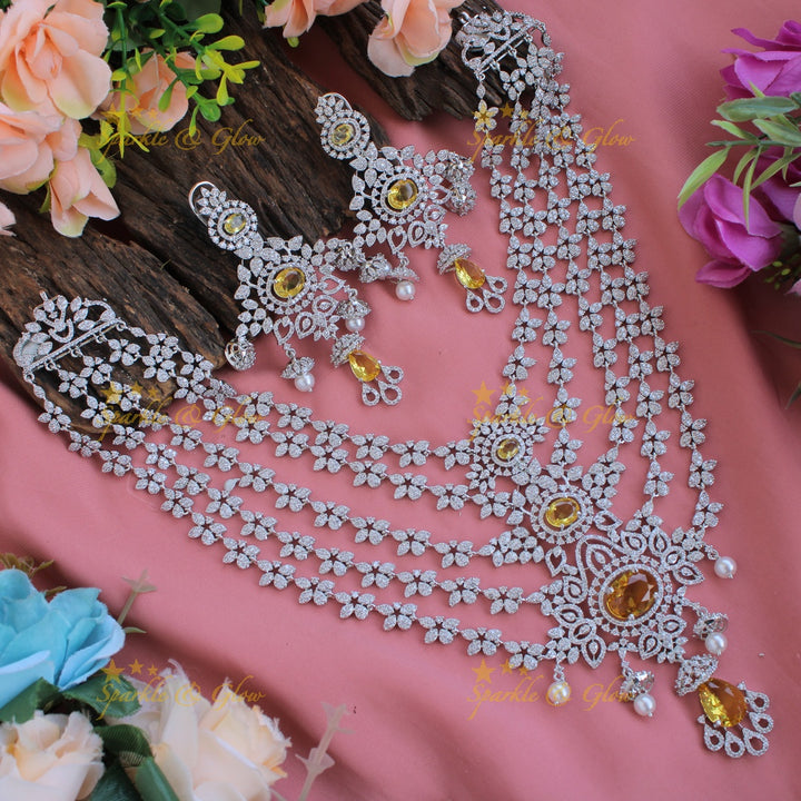 Stunning Floral design American diamond layer haram with jhumuka drops - Baby pink