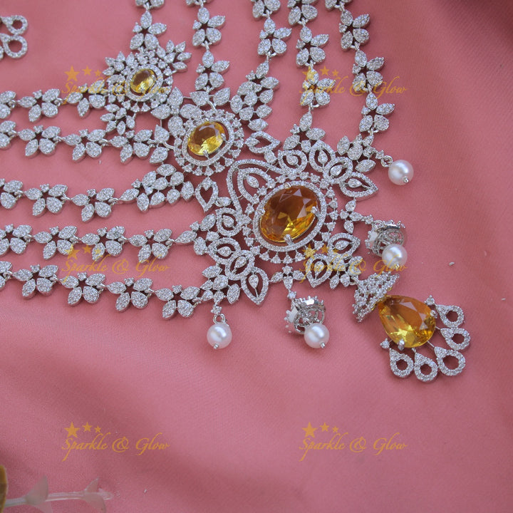 Stunning Floral design American diamond layer haram with jhumuka drops - Honey