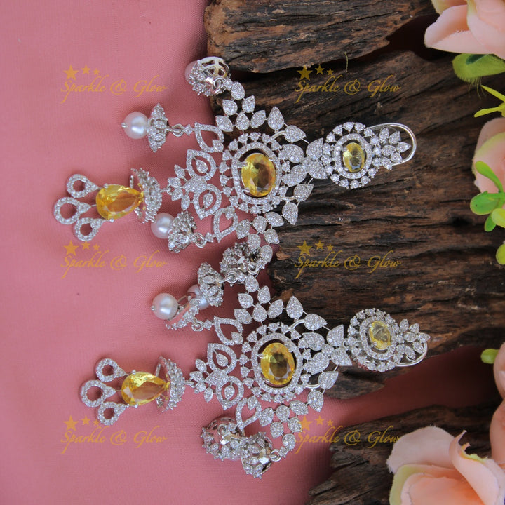 Stunning Floral design American diamond layer haram with jhumuka drops - Honey