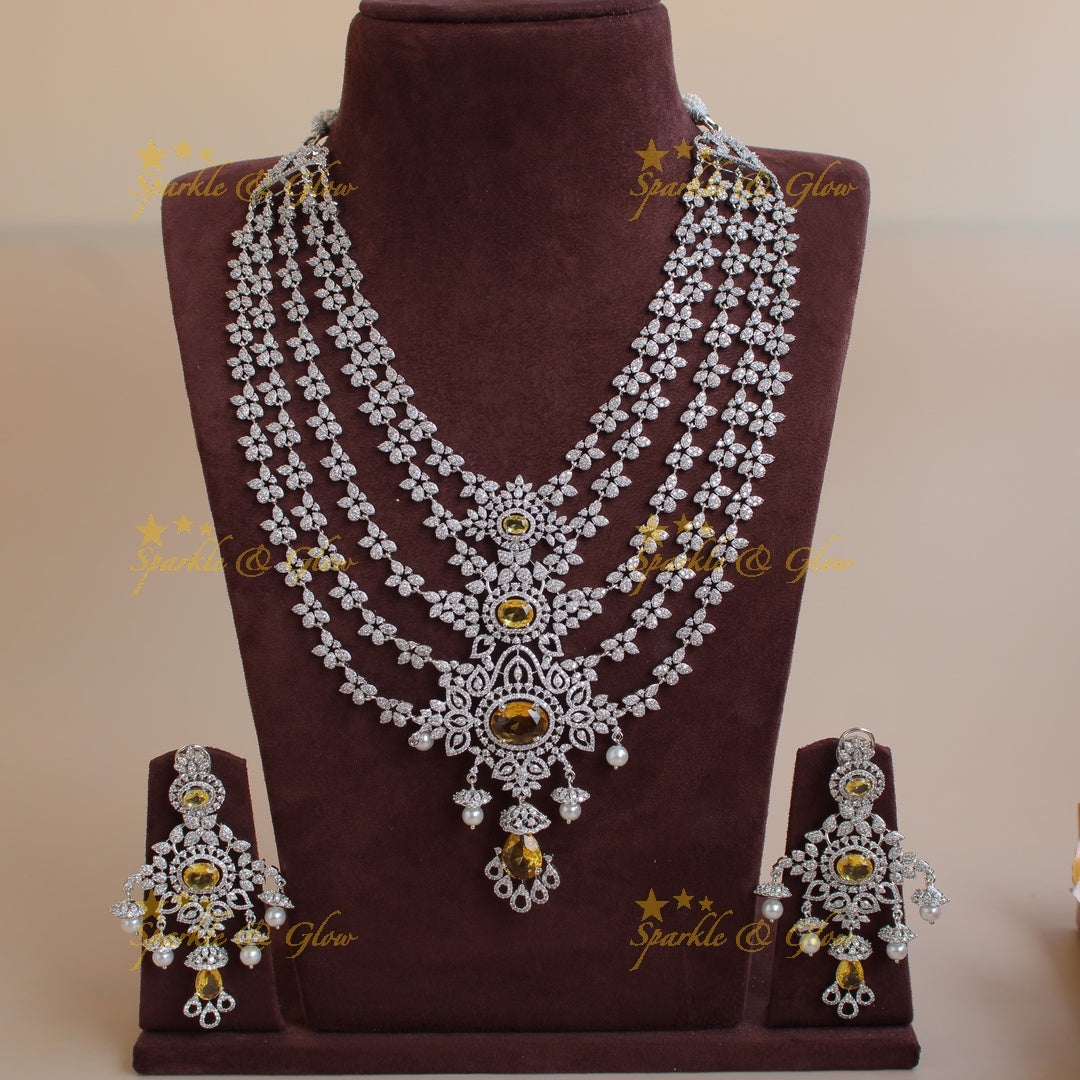 Stunning Floral design American diamond layer haram with jhumuka drops - Honey