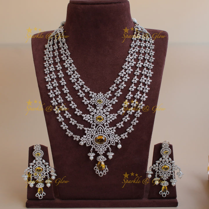 Stunning Floral design American diamond layer haram with jhumuka drops - Honey