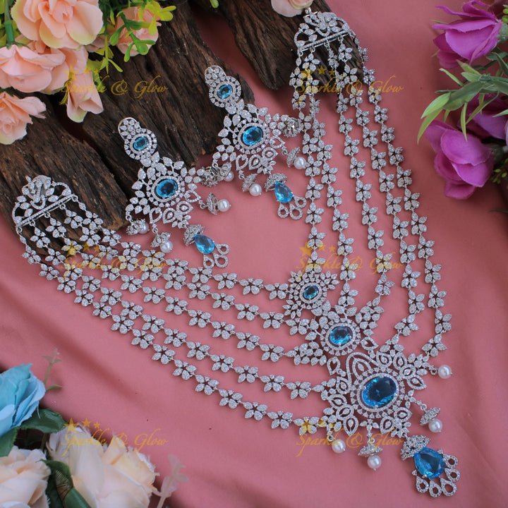 Stunning Floral design American diamond layer haram with jhumuka drops - Blue