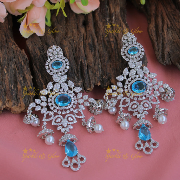 Stunning Floral design American diamond layer haram with jhumuka drops - Blue