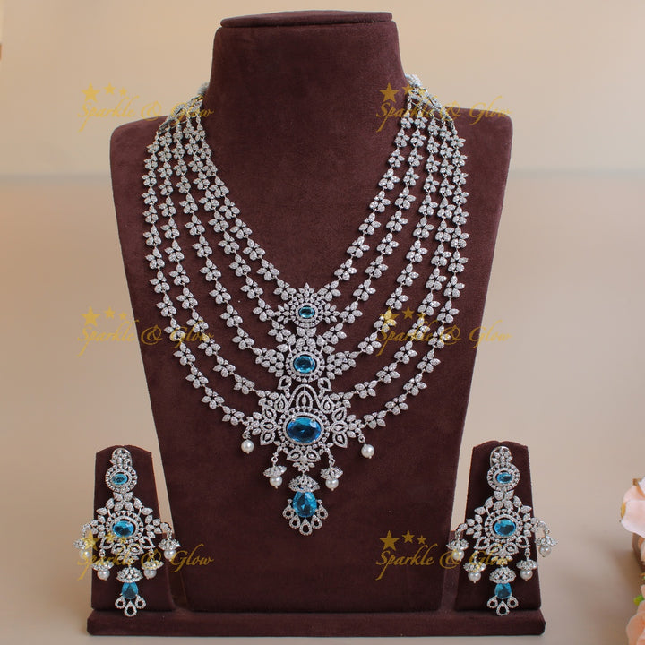 Stunning Floral design American diamond layer haram with jhumuka drops - Blue