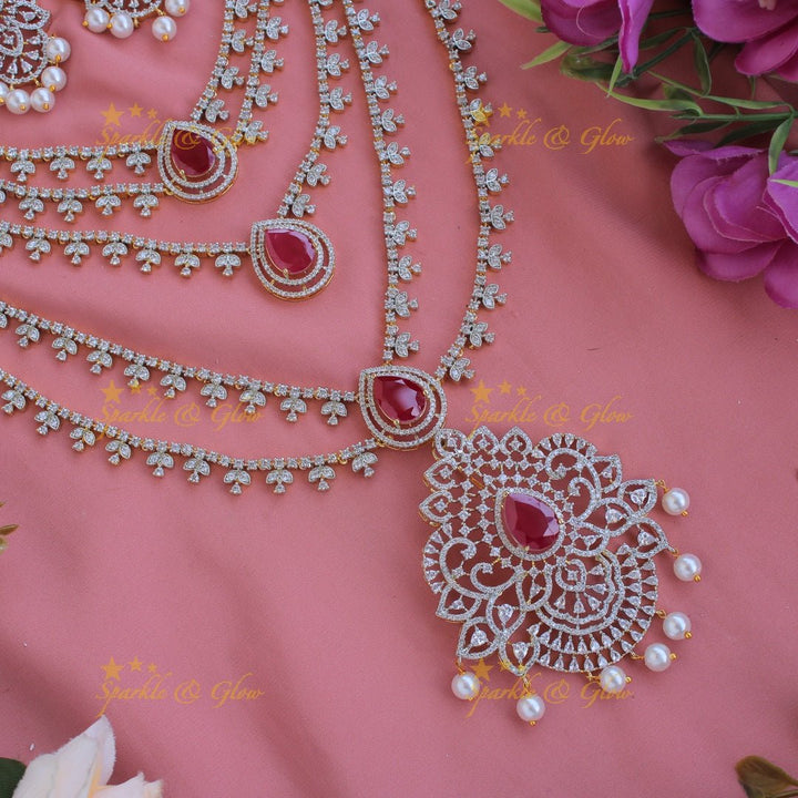 Gorgeous Floral pendent leaflet design American diamond layer haram with pearls and ruby - Sparkle and Glow - Back Thread - 