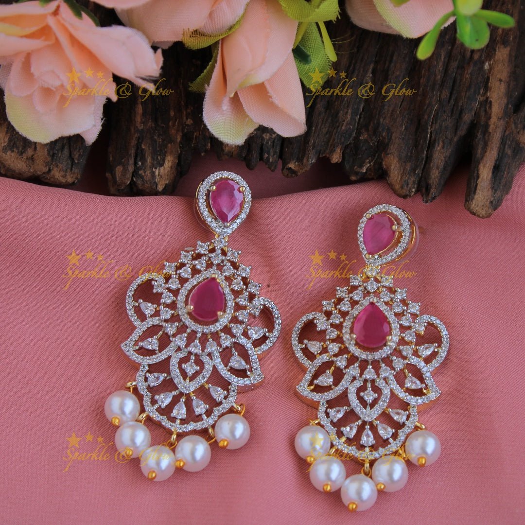 Gorgeous Floral pendent leaflet design American diamond layer haram with pearls and ruby - Sparkle and Glow - Back Thread - 