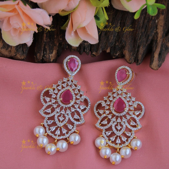 Gorgeous Floral pendent leaflet design American diamond layer haram with pearls and ruby - Sparkle and Glow - Back Thread - 