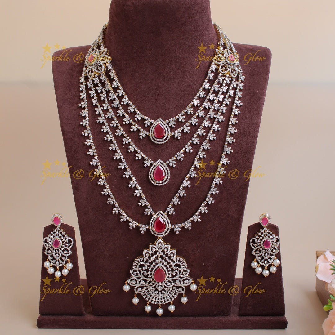Gorgeous Floral pendent leaflet design American diamond layer haram with pearls and ruby - Sparkle and Glow - Back Thread - 