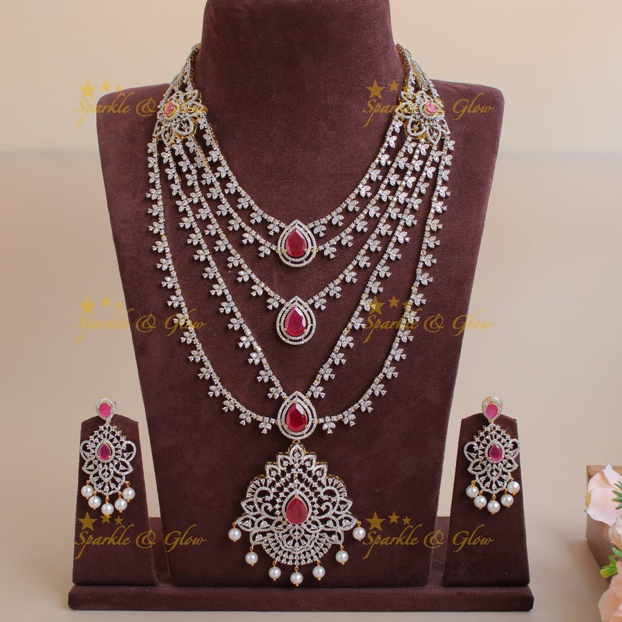 Gorgeous Floral pendent leaflet design American diamond layer haram with pearls and ruby - Sparkle and Glow - Back Thread - 