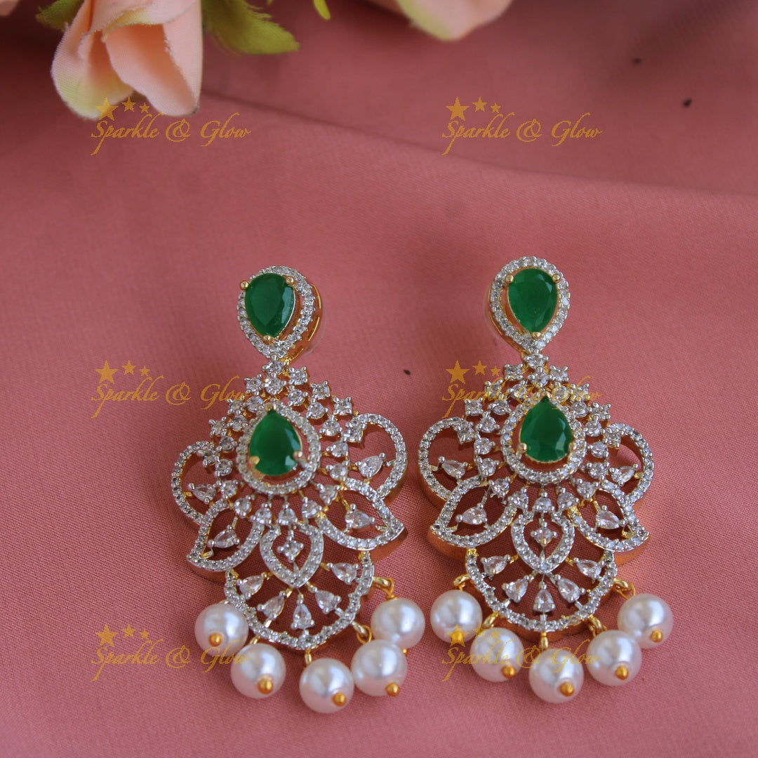 Gorgeous Floral pendent leaflet design American diamond layer haram with pearls and emerald