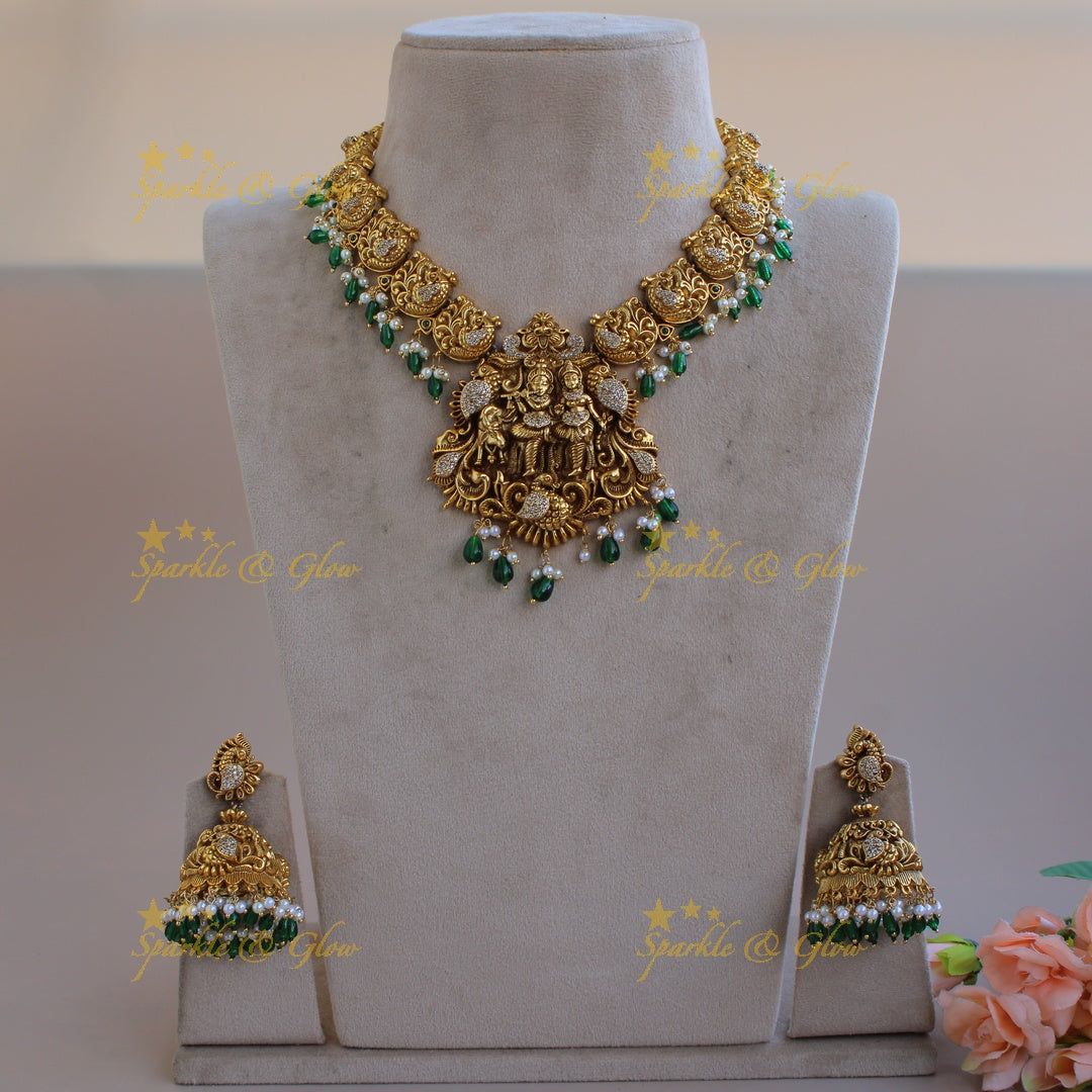 Beautiful Radha Krishna dancing peacock carved short necklace with pearls and green beads