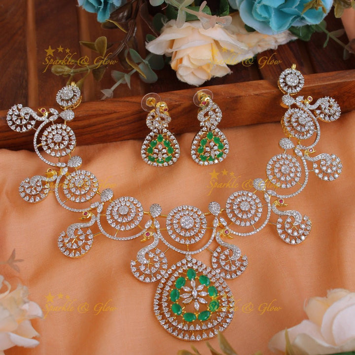 Statement Peacock and spiral design American diamond short necklace with emerald - Sparkle and Glow - Back Thread - 