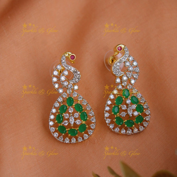 Statement Peacock and spiral design American diamond short necklace with emerald - Sparkle and Glow - Back Thread - 