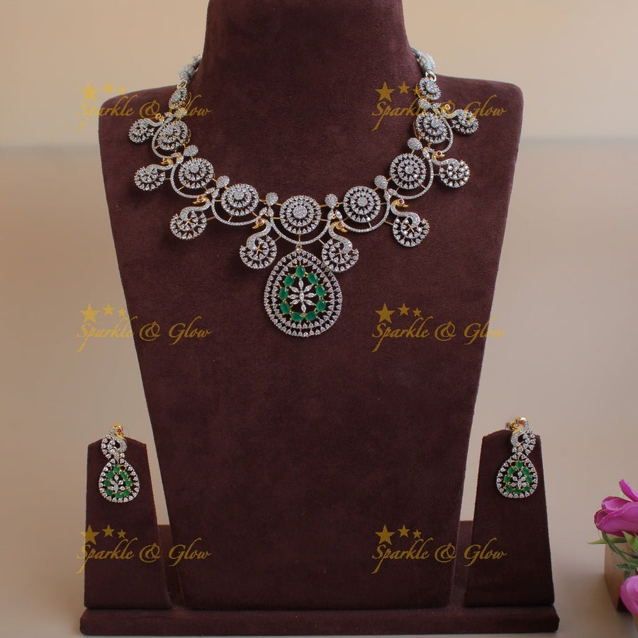 Statement Peacock and spiral design American diamond short necklace with emerald - Sparkle and Glow - Back Thread - 