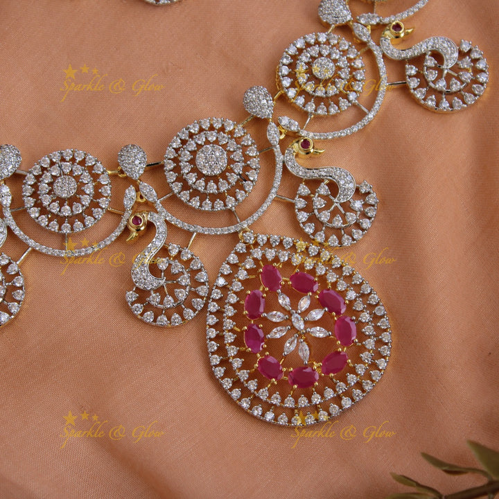 Statement Peacock and spiral design American diamond short necklace with ruby - pink