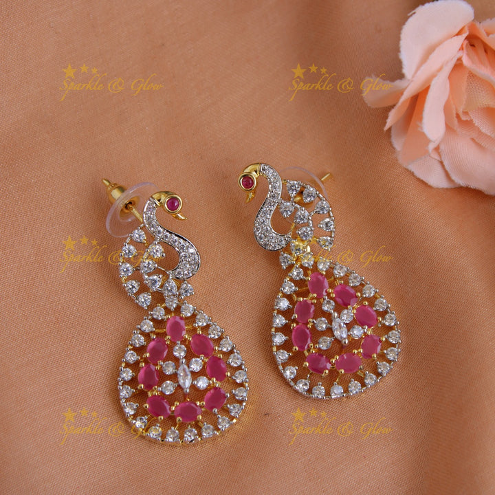 Statement Peacock and spiral design American diamond short necklace with ruby - pink