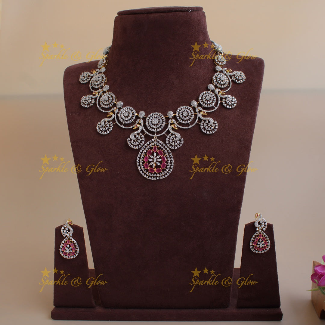 Statement Peacock and spiral design American diamond short necklace with ruby - pink