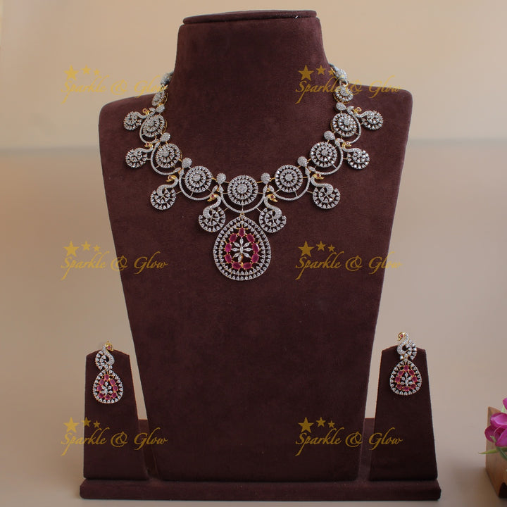 Statement Peacock and spiral design American diamond short necklace with ruby - pink