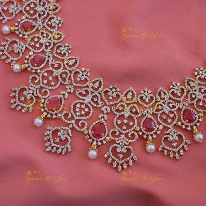 Grand intricate floral leaflet design American diamond long necklace with ruby and pearls - Sparkle and Glow - Back Thread - 
