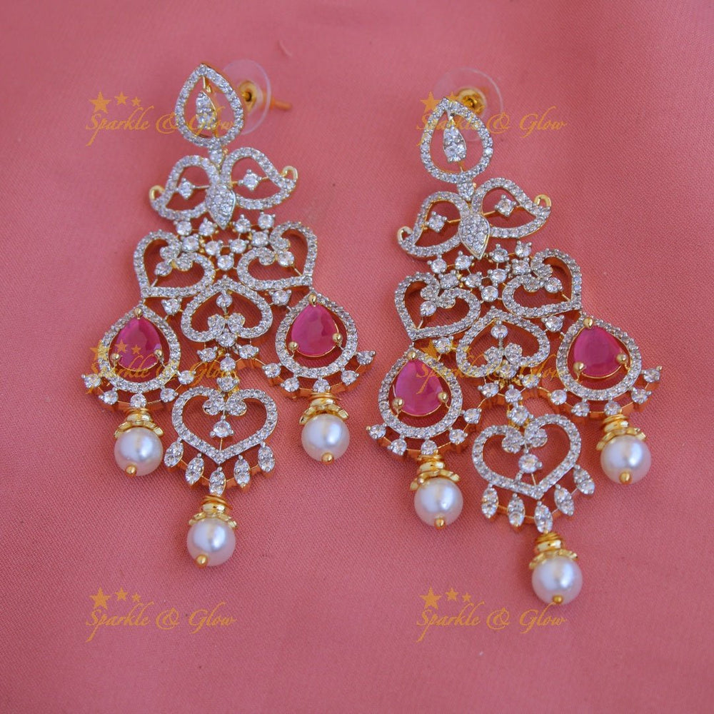 Grand intricate floral leaflet design American diamond long necklace with ruby and pearls - Sparkle and Glow - Back Thread - 