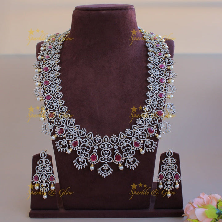 Grand intricate floral leaflet design American diamond long necklace with ruby and pearls - Sparkle and Glow - Back Thread - 