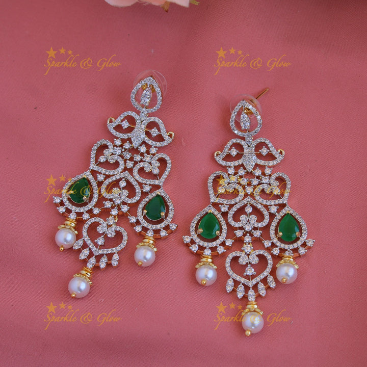 Grand intricate floral leaflet design American diamond long necklace with emerald and pearls - green