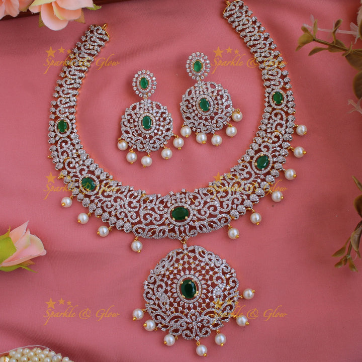 Beautiful Leaf design American diamond short necklace with ruby and pearl drops - pink