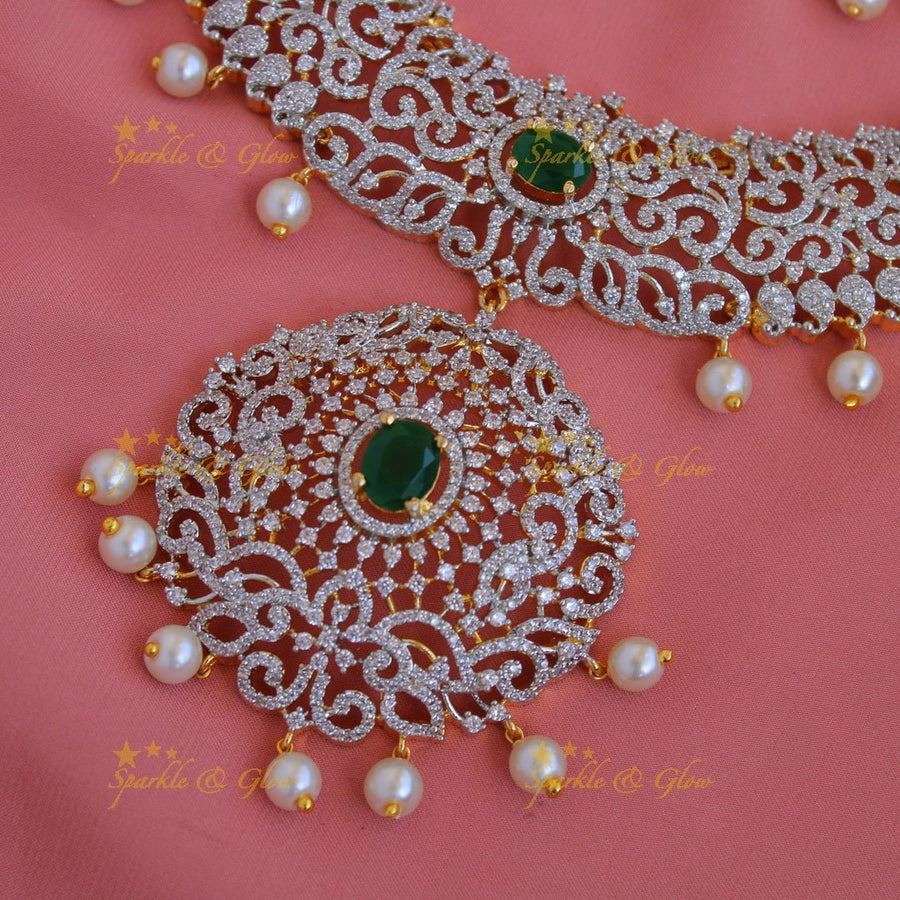Beautiful Leaf design American diamond short necklace with emerald and pearl drops - Sparkle and Glow - Back Thread - 