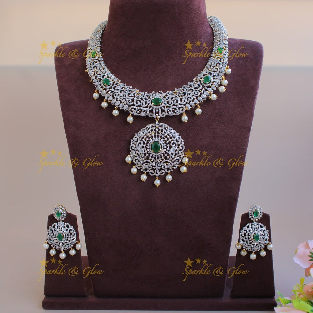 Beautiful Leaf design American diamond short necklace with emerald and pearl drops - Sparkle and Glow - Back Thread - 