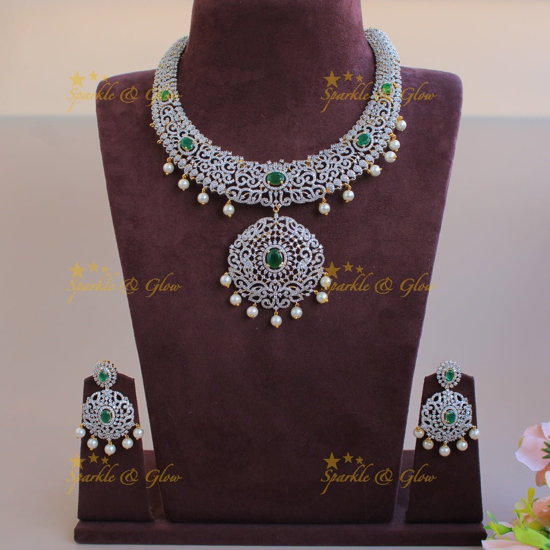 Beautiful Leaf design American diamond short necklace with emerald and pearl drops - Sparkle and Glow - Back Thread - 