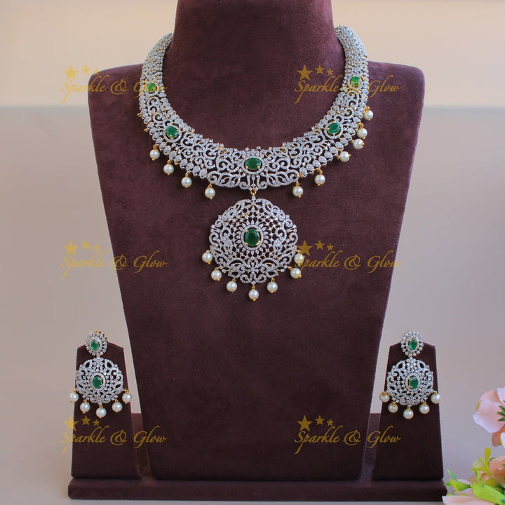 Beautiful Leaf design American diamond short necklace with emerald and pearl drops - Sparkle and Glow - Back Thread - 