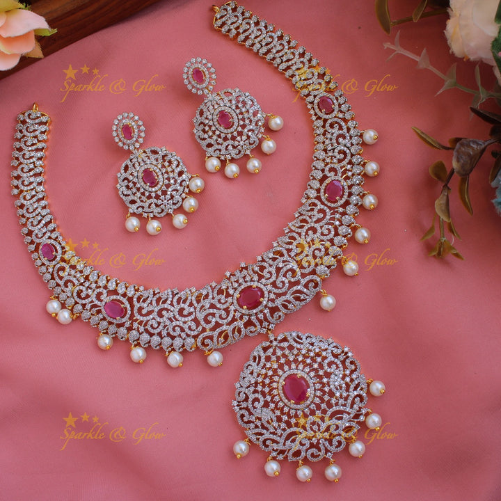 Beautiful Leaf design American diamond short necklace with ruby and pearl drops - pink