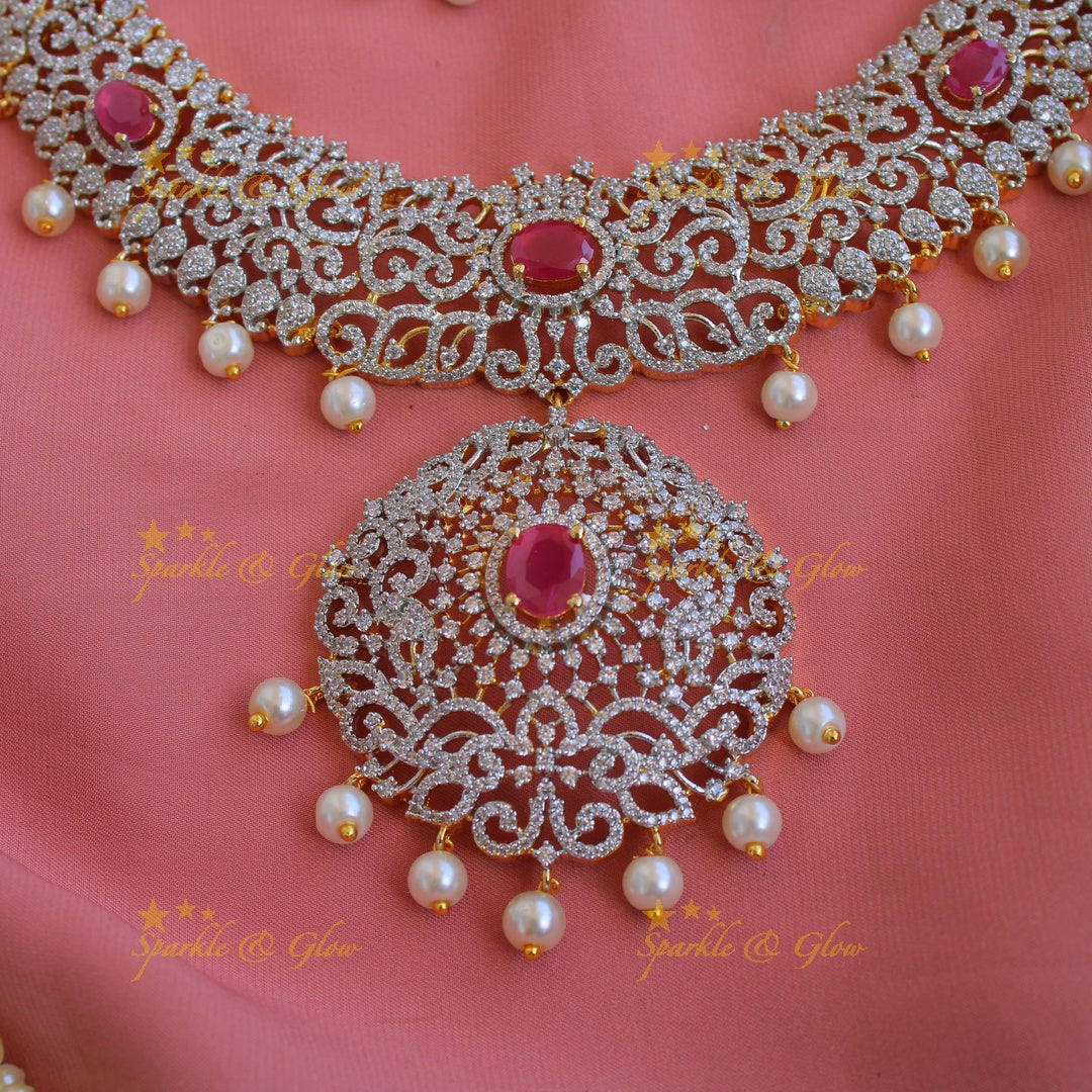 Beautiful Leaf design American diamond short necklace with ruby and pearl drops - pink