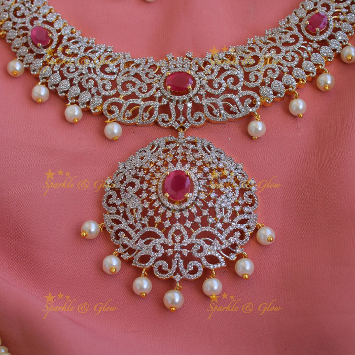 Beautiful Leaf design American diamond short necklace with ruby and pearl drops - pink