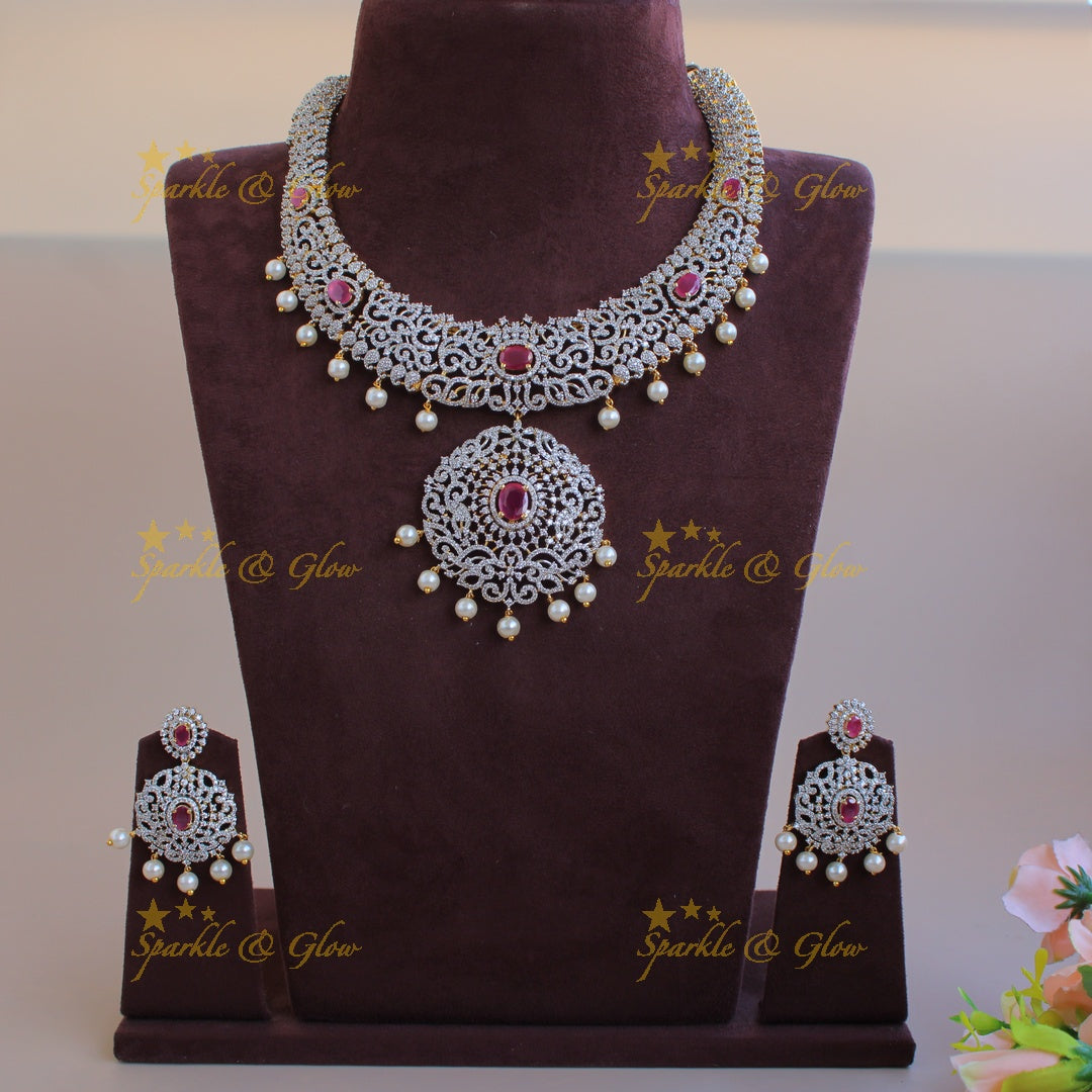 Beautiful Leaf design American diamond short necklace with ruby and pearl drops - pink