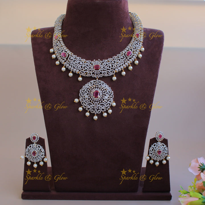 Beautiful Leaf design American diamond short necklace with ruby and pearl drops - pink