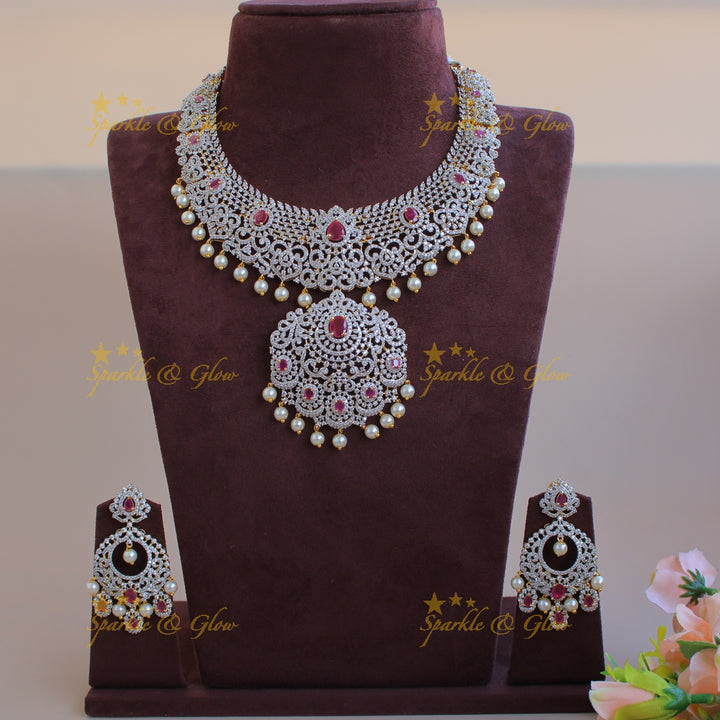 Beautiful Floral Leaf design American diamond short necklace with ruby and pearls