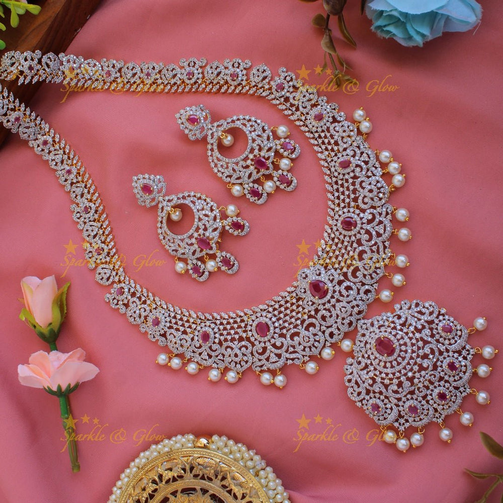 Stunning Floral leaf design American diamond long necklace with pealrs and ruby - pink - Sparkle and Glow - Back Thread - 