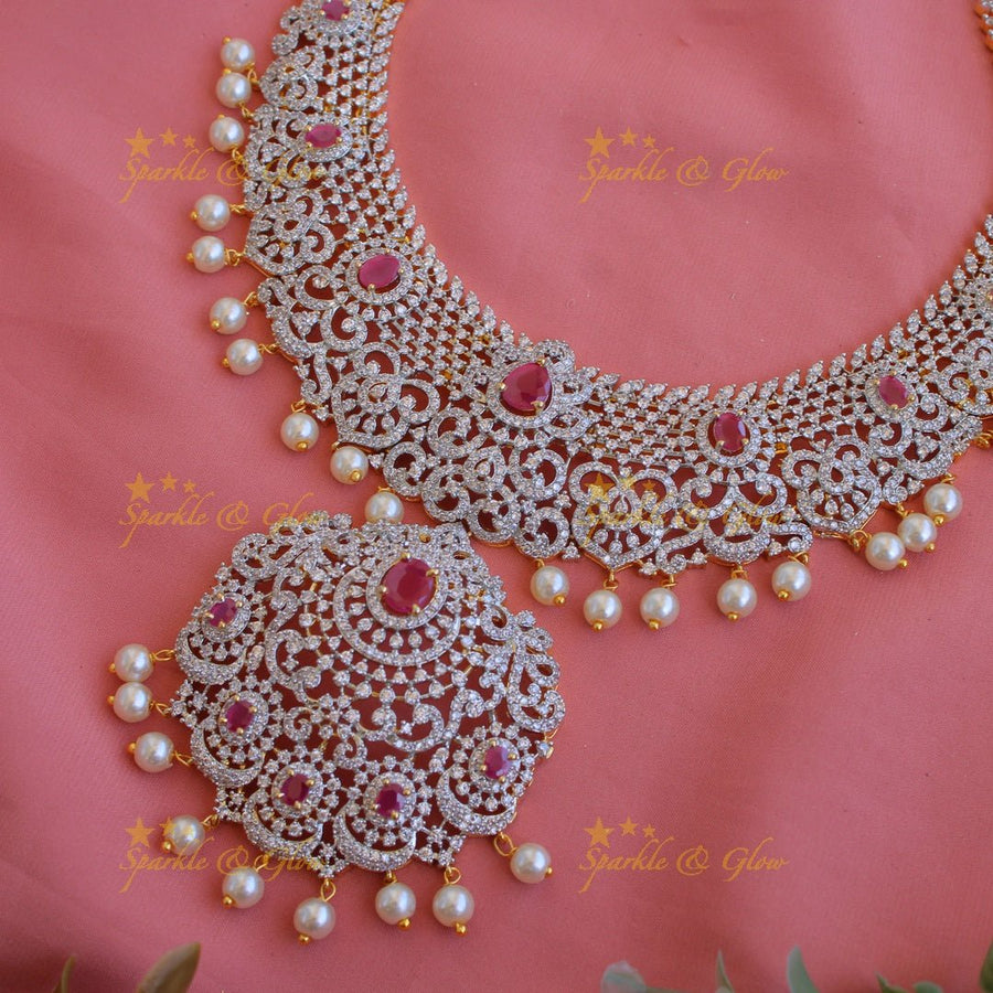 Stunning Floral leaf design American diamond long necklace with pealrs and ruby - pink - Sparkle and Glow - Back Thread - 