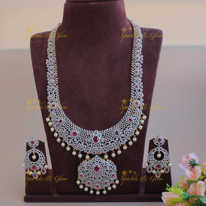 Stunning Floral leaf design American diamond long necklace with pealrs and ruby - pink - Sparkle and Glow - Back Thread - 