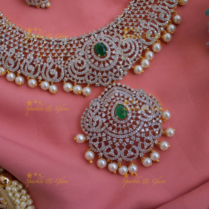 Exclusive Peacock floral design American diamond long necklace with emerald and pearl drops - Sparkle and Glow - Back Thread - 