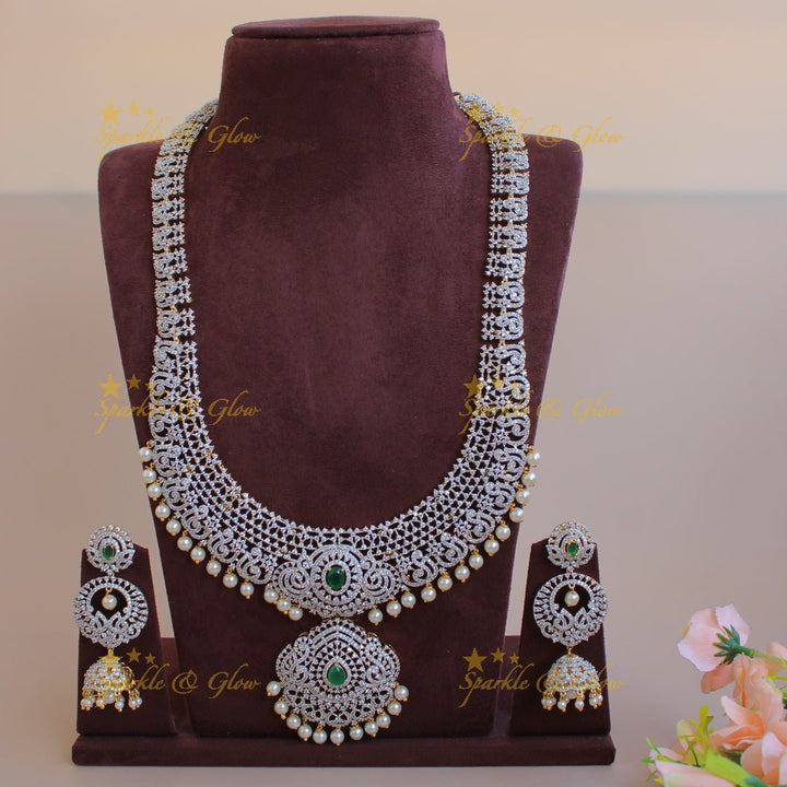 Exclusive Peacock floral design American diamond long necklace with emerald and pearl drops - Sparkle and Glow - Back Thread - 
