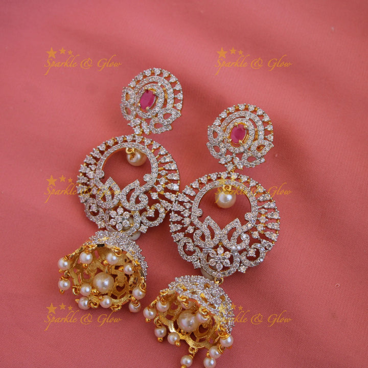 Exclusive Peacock floral design American diamond long necklace with ruby and pearl drops - pink