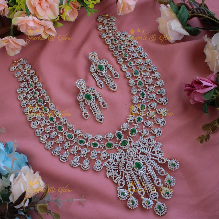 Grand intricate floral design American diamond long necklace with emerald and stone drops - Sparkle and Glow - Back Thread - 
