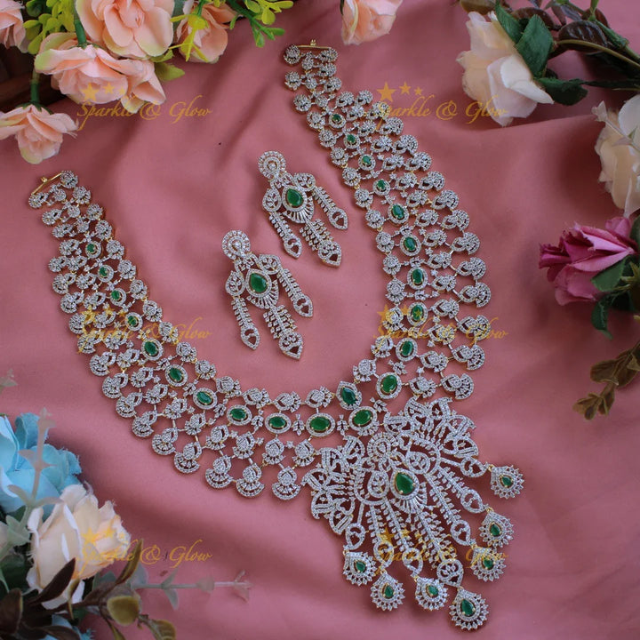Grand intricate floral design American diamond long necklace with ruby and stone drops - pink - Sparkle and Glow
