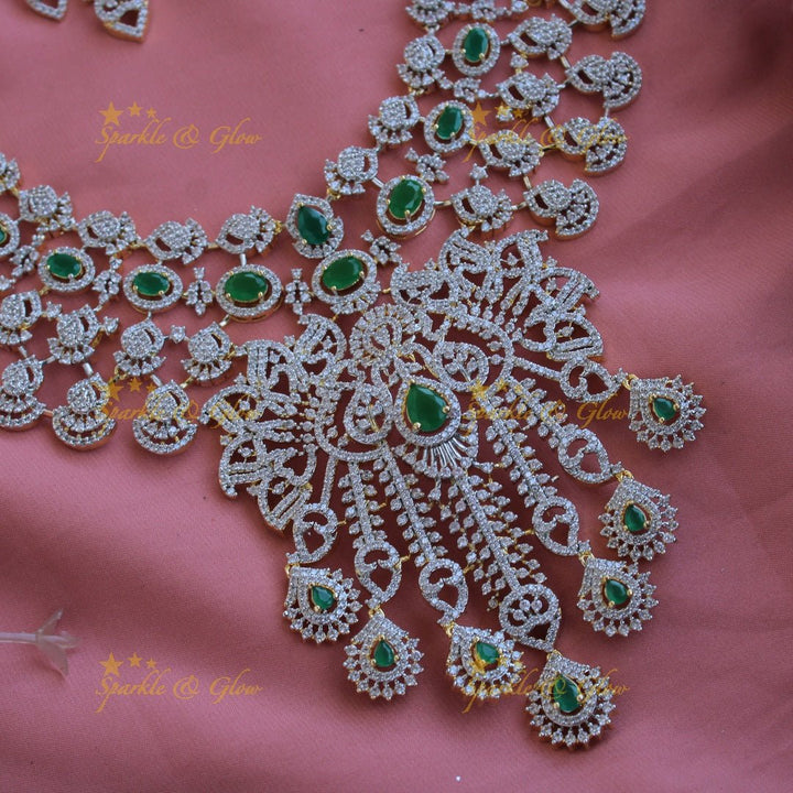 Grand intricate floral design American diamond long necklace with emerald and stone drops - Sparkle and Glow - Back Thread - 