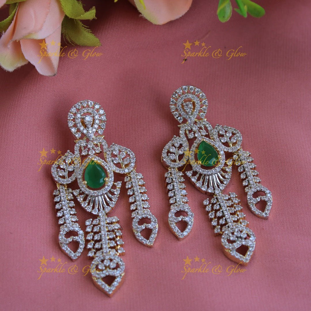 Grand intricate floral design American diamond long necklace with emerald and stone drops - Sparkle and Glow - Back Thread - 