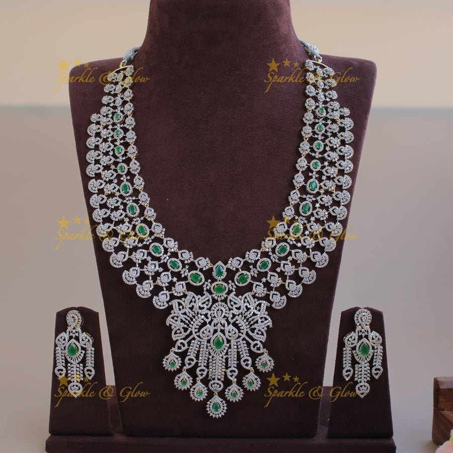 Grand intricate floral design American diamond long necklace with emerald and stone drops - Sparkle and Glow - Back Thread - 
