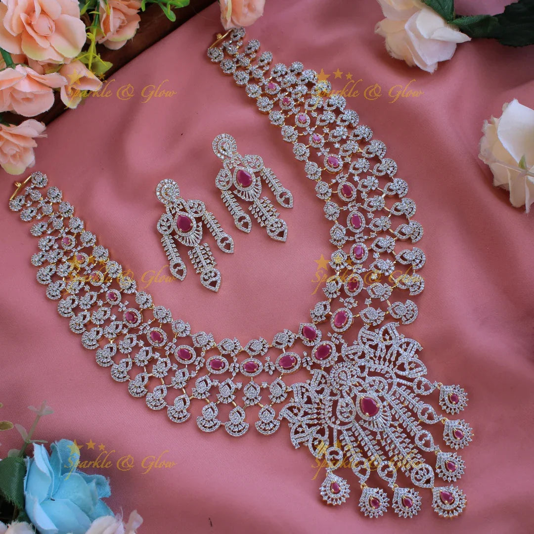 Grand intricate floral design American diamond long necklace with ruby and stone drops - pink - Sparkle and Glow